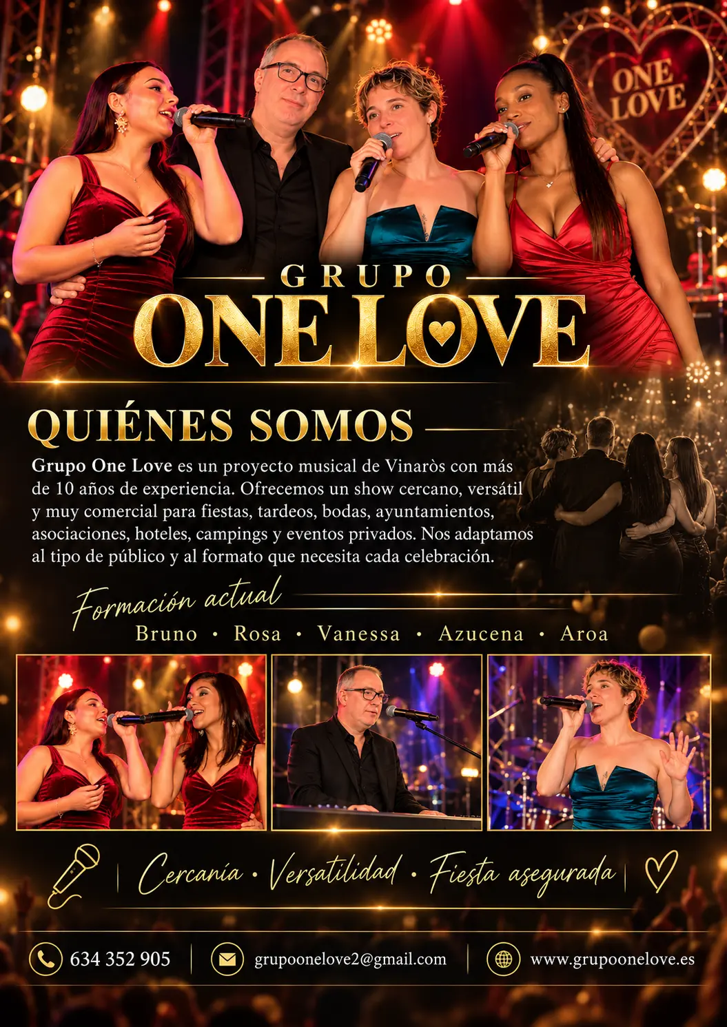 Formación actual de Grupo One Love: Bruno, Rosa, Vanessa, Azucena y Aroa
